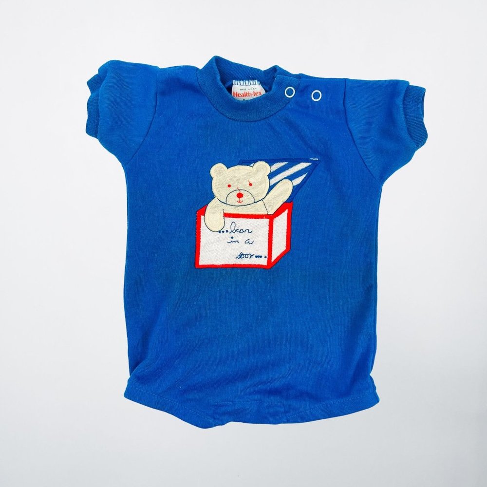 Vintage Blue Health-Tex Teddy Bear in a Box Embroidered Snap Neck Onesie - 6 Mon